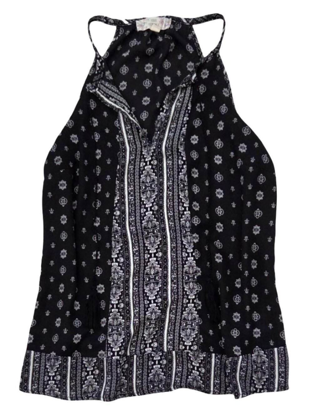 Pink Republic Tank Top Womens M Black White Boho Paisley Tassel Strappy Blouse